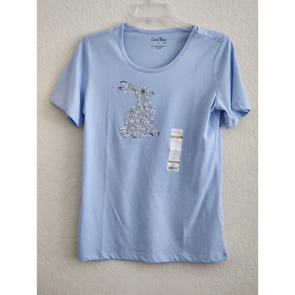 TOP/BLOUSE-CORAL BAY-Light Blue-Rabbit-Faux Pearls-Rhinestones-Size Small - Picture 5 of 16